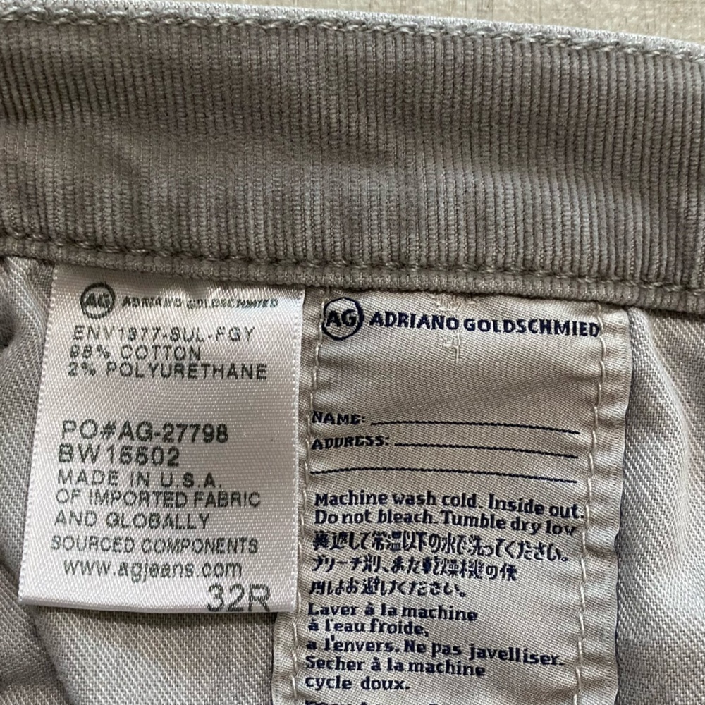 AG Adriano Goldschmied Men's Light Gray Slim corduroy 32 x 28 - Picture 3 of 8